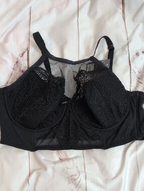 Cacique Black New Fishnet High-Neck Sexy French Balconette Bra size 44DD or 44E
